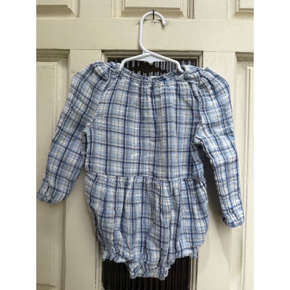 Old Navy Blue White Plaid Gauze Long Sleeve Romper Size 18-24 Months